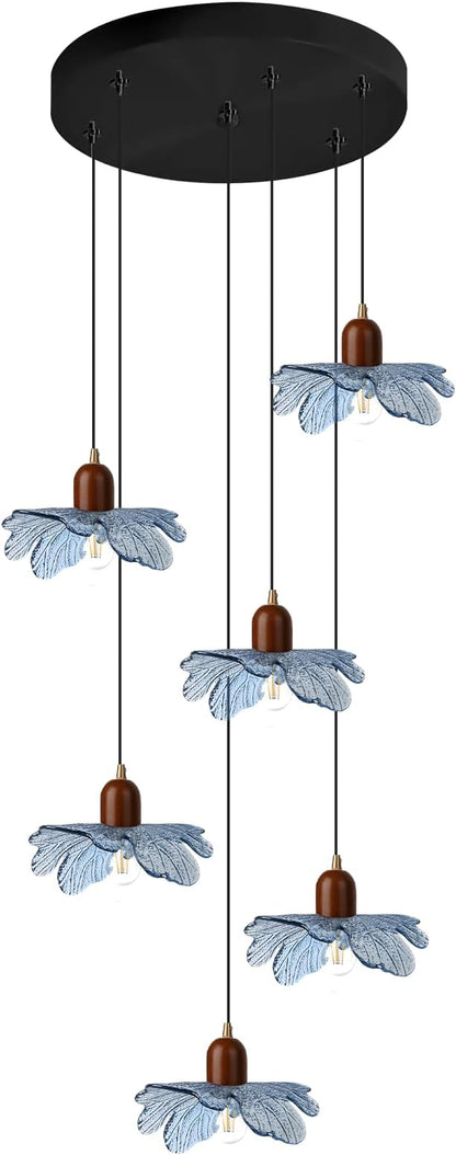 6-Light Blue Glass Flower Chandelier, Adjustable Height Staircase Pendant Light, Modern Mid Century Floral Hanging Ceiling Fixture for Living Room Dining Room Foyer Entryway