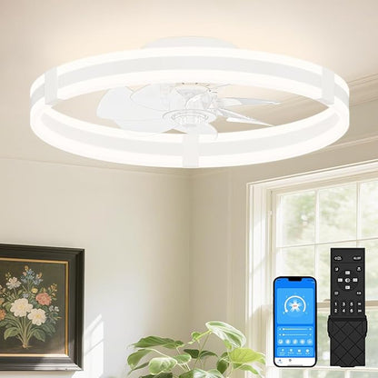 VOLISUN Ceiling Fans with Lights and Remote, 19.7in Low Profile Ceiling Fans with Light, 3000K-6500K Dimmable Fandelier Ceiling Fan, White Flush Mount Ceiling Fan for Bedroom