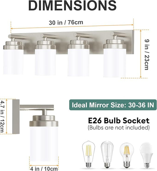 IZORRO Bathroom Vanity Light Fixture, 4-Light 30 Inch Brushed Nickel Bathroom Light Fixtures Over Mirror, with White Glass Shade, Modern Farmhouse Vanity Lights, Rustic Restroom Lighting Fixtures