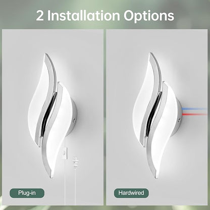 CANEOE Plug in Wall Sconces Set of Two 6000K Chrome Modern LED Wall Light Fixtures Acrylic Wall Sconce Lighting for Living Room Bedroom Bedside Bathroom Hallway Stairway Wall Lamp