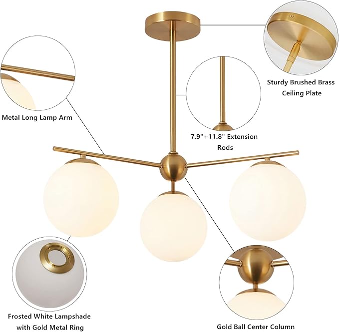 Mid Century Modern Globe Pendant Light 3 Light Gold Globe Sputnik Chandeliers Ceiling Mount Milk White Glass Ball Chandelier Light Fixture Brushed Brass Chandelier Light Fixture