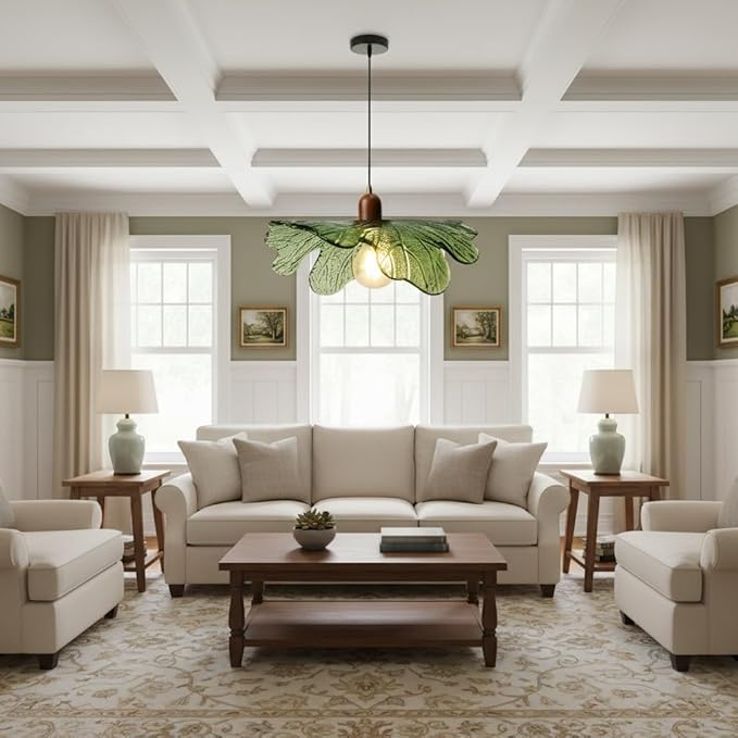 Green Glass Pendant Light Fixtures, 15.75" Hanging Ceiling Light Adjustable Vintage Floral Glass Chandelier for Bedroom Nursery Vanity Kitchen Island