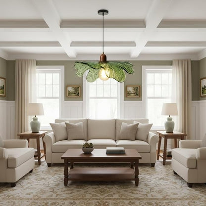 Green Glass Pendant Light Fixtures, 15.75" Hanging Ceiling Light Adjustable Vintage Floral Glass Chandelier for Bedroom Nursery Vanity Kitchen Island
