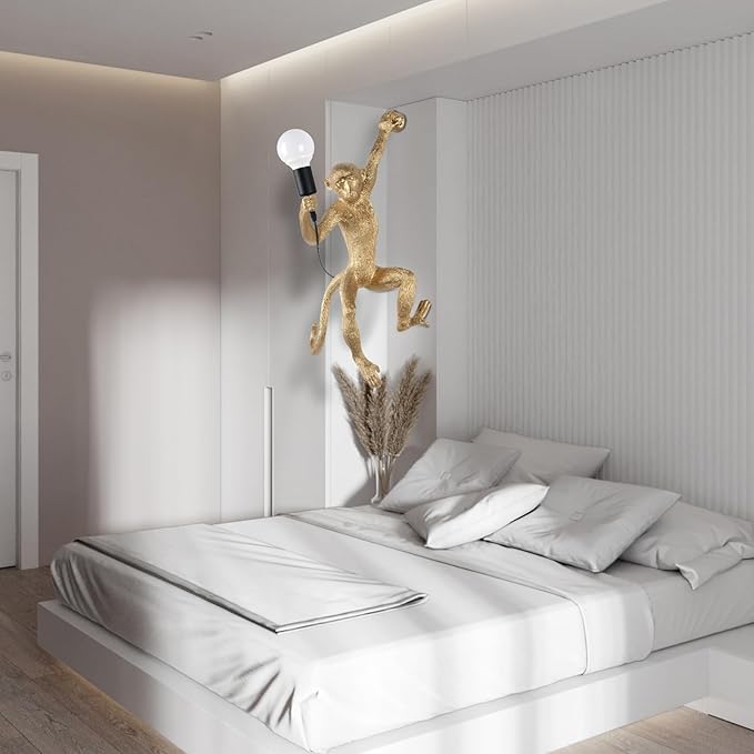 Modern Resin Monkey Wall Lamp Table Lamp Hemp Rope Pendant Light Vintage for Home Decor Dining Living Room Bedroom Entryway (Gold, Wall)