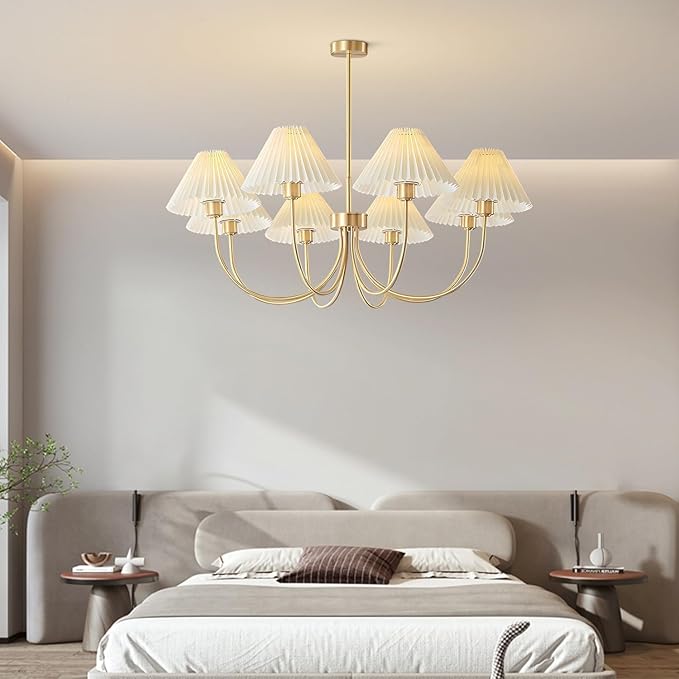 KCO Lighting Brushed Brass Sputnik Chandelier Gold Metal Chandelier with White Pleated Fabric Shades 8-Lights Ceiling Chandelier Light Fixture Mid Century Modern Chandelier