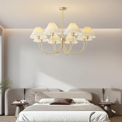 KCO Lighting Brushed Brass Sputnik Chandelier Gold Metal Chandelier with White Pleated Fabric Shades 8-Lights Ceiling Chandelier Light Fixture Mid Century Modern Chandelier