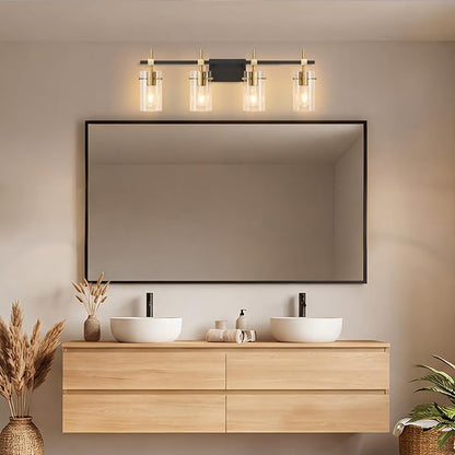 SOLFART Farmhouse Brass Bathroom Vanity Lights fixtures Over Mirror Vintage Bathroom Lighting Wall Sconce with Glass Shade 4 Lights