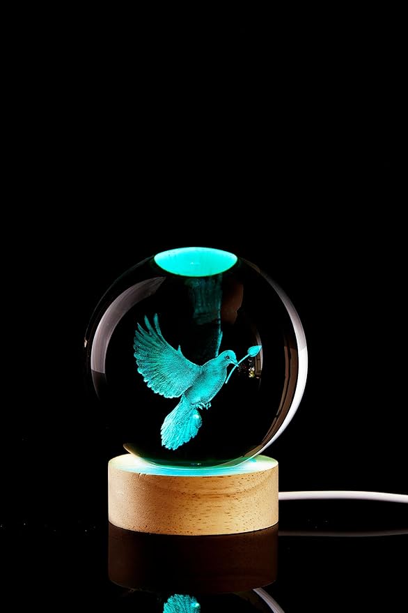 3.15 inch Pigeon Crystal Ball lamp,3D Bird Crystal Ball Night Light with Wooden Base, Peace Dove Lamp, 16 Colors Change with Remote Control (Panda)
