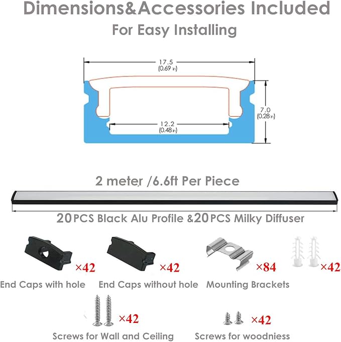 Besseto 20Pack 6.6Ft/2M Black LED Aluminum Channel,LED Strip Light Diffuser Aluminum Channel Profile Housing Extrusion for Under Cabinet Counter and Stairs (Black-20Pack 6.6ft)