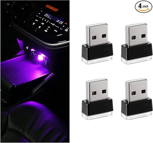 4 PCS USB LED Car Interior Atmosphere Lamp, Portable Mini LED Night Light, Plug-in USB Interface Trunk Ambient Lighting Kit, Universal Interior Car Accessories (Purple)