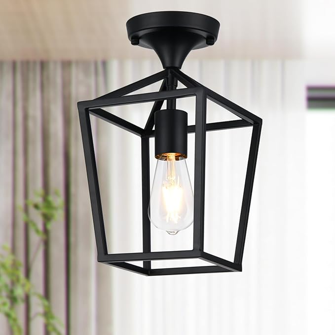 Lynnoland 6.7" x 13.8" Semi Flush Mount Ceiling Light, Black Industrial Ceiling Light Fixtures, Farmhouse Light Fixture for Hallways, Foyers and Kitchens.(Not Waterproof, Not for Outdoor