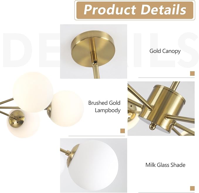 KCO Lighting Gold Sputnik Chandelier 6 Lights Milk Glass Chandelier Brass Kitchen Ceiling Light White Globe Pendant Light Mid Century Modern Dining Room Light Fixtures