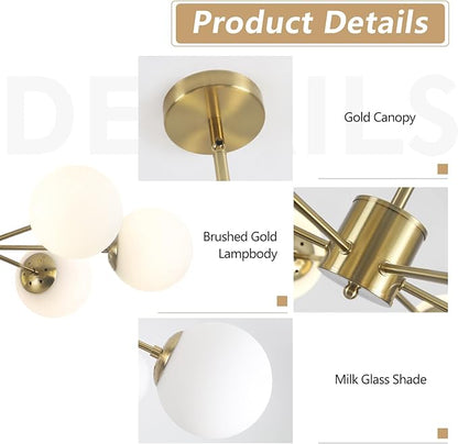 KCO Lighting Gold Sputnik Chandelier 6 Lights Milk Glass Chandelier Brass Kitchen Ceiling Light White Globe Pendant Light Mid Century Modern Dining Room Light Fixtures