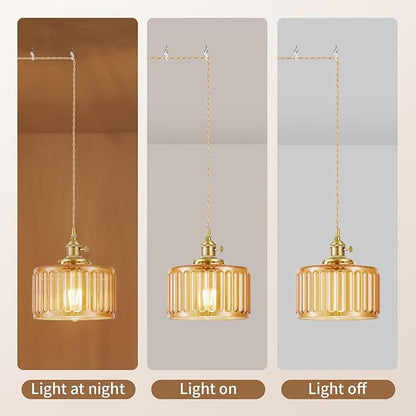 Plug in Pendant Light, Hanging Lights with Plug in Cord, Hanging Light Fixture with Clear Glass, E26 Pendant Lighting for Kitchen Island, Bedroom, Dining Room- Amber Color