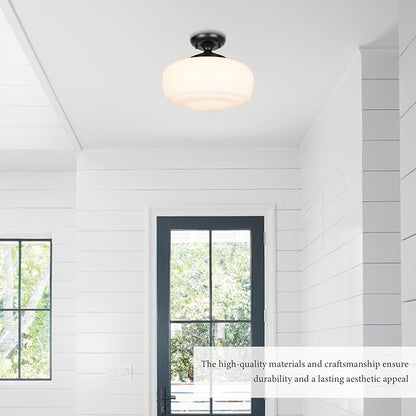 Large Schoolhouse Style Semi Flush Mount Ceiling Light Fixture, 14" Modern Hallway Ceiling Lamp with Opal Milk Glass Shade, Farmhouse Globe Light for Bedroom Kitchen Hallway Entryway Laundry