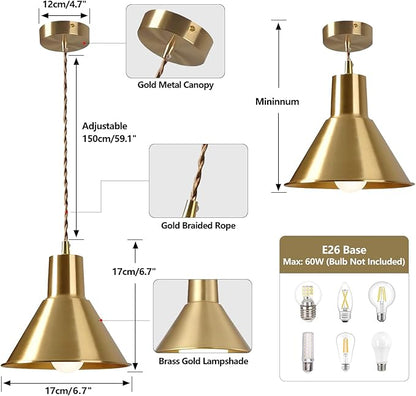 KCO Lighting Gold Cone Pendant Light Mini Barn Pendant Light Fixtures Modern Brass Pendant Lights Kitchen Island Set of 2 Vintage Industrial Ceiling Hanging Light for Dining Room Living Room 2 Pack