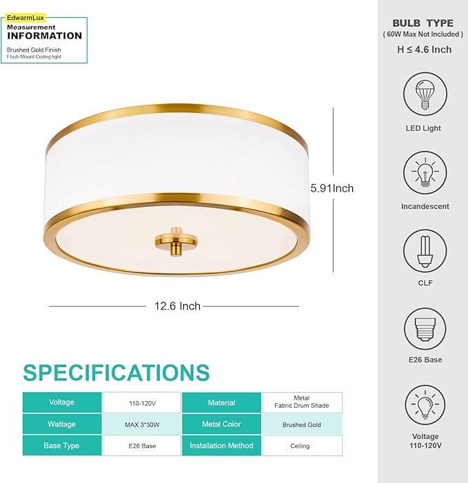 Edwarmlux 3-Light Flush Mount Ceiling Light Fixture, 12.6" Drum Light with White Fabric Shade, Modern Close to Ceiling Light for Living Room Bedroom Dining Room Kitchen Hallway Entry (Brushed Gold)