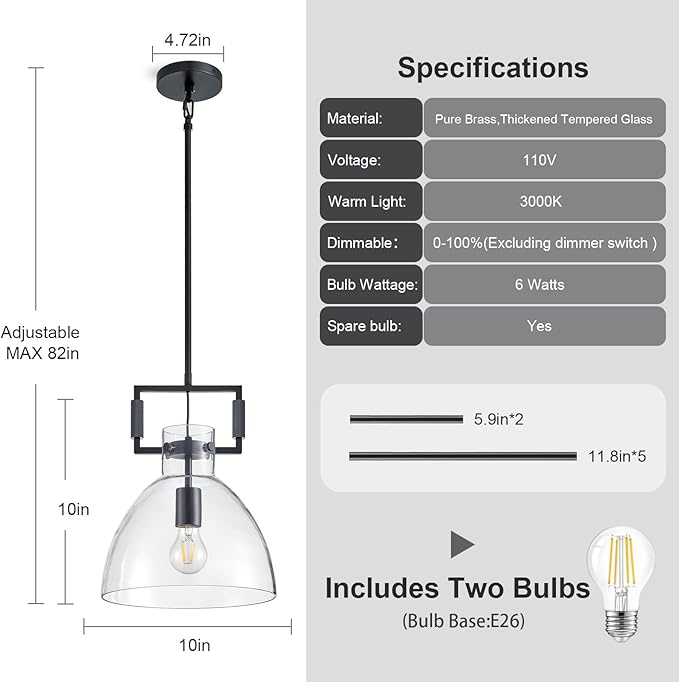 Mondern Large Black Kitchen Island Pendant Light, 10 '' W 1-Light Glass and Brass Island Pendant Lights,Farmhouses Pendant Light, for Kitchen,Bathroom