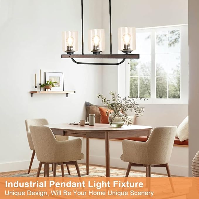 Depuley 3- Light Rustic Pendant Light Fixture, Flush Mount Ceiling Hanging Light with Glass Shade, Adjustable Farmhouse Black Chandelier Lighting for Kitchen Island Dining Room Restaurant, E26 Base