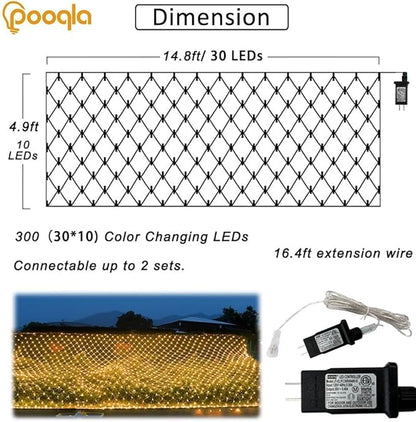 Warm White Net Lights Outdoor, 300 LED Christmas Net Mesh Lights for Bushes 15x5ft, 8 Modes Waterproof Twinkle String Light Connectable Plug in for Christmas Hedge Yard Garden Party Decor