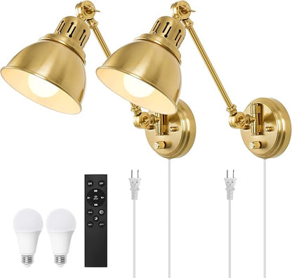 GOODATE Plug in Wall Sconces Set of Two with Remote, Stepless Colors 2700K-6500K & Stepless Dimming, Premium Golden Finish, Plug in Wall Light with Night Light & Timer, LED Bulbs Included