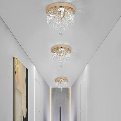 Deckrico Gold Crystal Chandelier Flush Mount Ceiling Light – Modern LED Lighting Fixture for Bedroom, Closet, Bathroom, Hallway – White Light