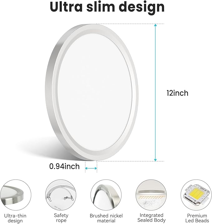 libtit 12 inch Flush Mount LED Ceiling Light Fixture, 3000K 4000K 6500K Adjustable, 28W 3200lm Brushed Nickel Satin Round Lighting Fixtures for Bathroom Shower Hallway Kitchen, 6 Pack