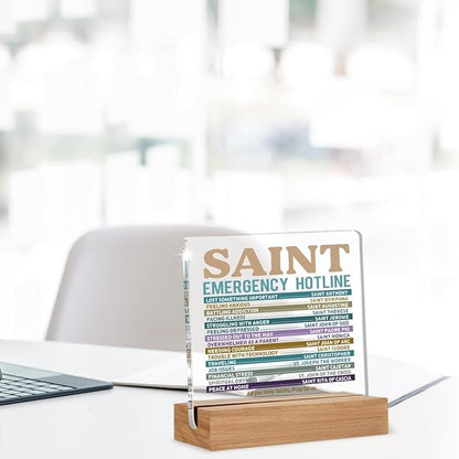 Catholic Gifts for Women Men, Christian Religious Gifts for Women Men Chaplain Coworker Friend Bestie Sister, Saint Emergency Hotline Sign, Saint Prayer Gift Acrylic Plaque Home Office Desk Decor