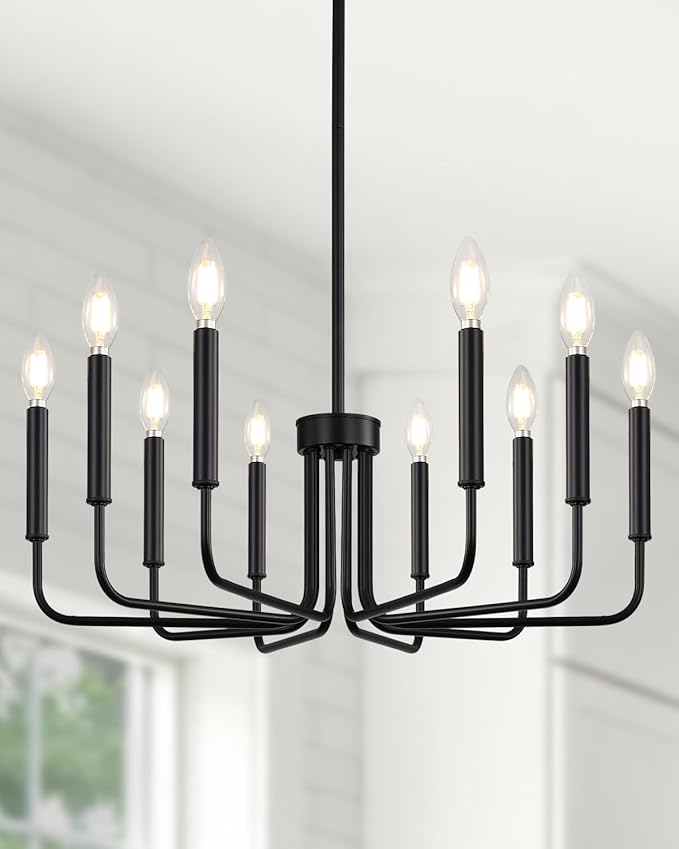 Yunnix 10 Light Matte Black Chandelier, Farmhouse Chandeliers for Dining Room Lighting Fixtures Hanging with Wrought Iron for Bedroom, Kitchen Foyer and Living Room