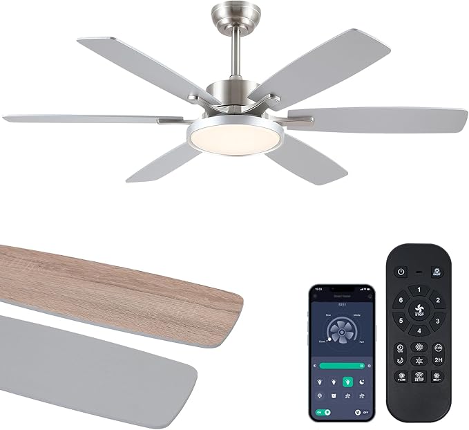 Hounberi 52 Inch Ceiling Fans with Lights and Remote, Modern Brushed Nickel Ceiling Fan with Light, Reversible DC Motor, Dual-Sided 6 Blades, 3CCT, Dimmable LED Ceiling Fan for Living room, Bedroom