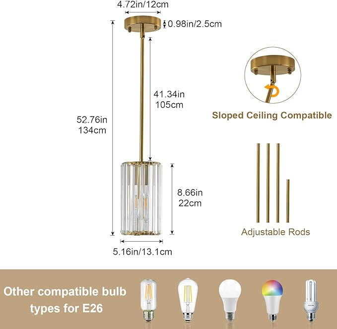 3 Pack Gold Modern Crystal Pendant Lights Hanging Light Fixtures, Gold Kitchen Island Pendant Lighting Fixtures Adjustable Modern Crystal Pendant Lights for Island Dining Room Hallway Bedroom