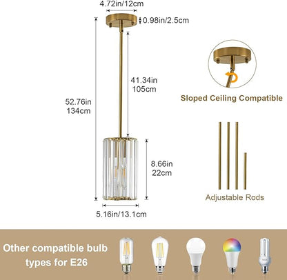 3 Pack Gold Modern Crystal Pendant Lights Hanging Light Fixtures, Gold Kitchen Island Pendant Lighting Fixtures Adjustable Modern Crystal Pendant Lights for Island Dining Room Hallway Bedroom