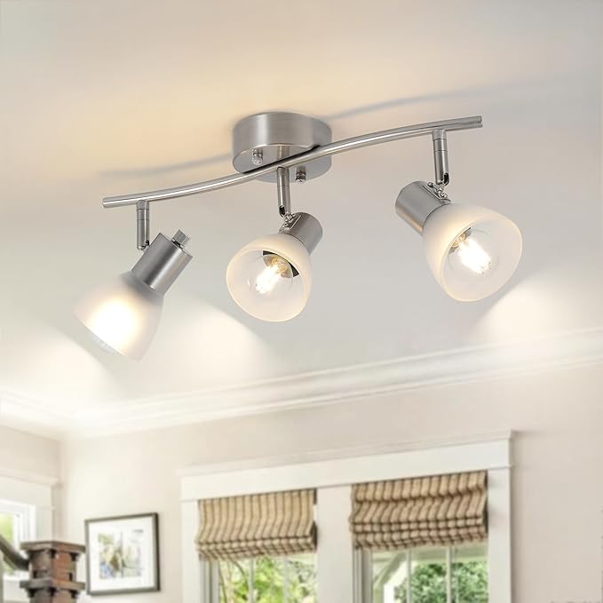 3-Light Nickel-Finish Track Lighting Fixture with Adjustable Directional Heads and Frosted Glass Shades – Ideal for Kitchen, Hallway, Living Room & Bathroom Vanity Lighting (Bulbs Not Included)
