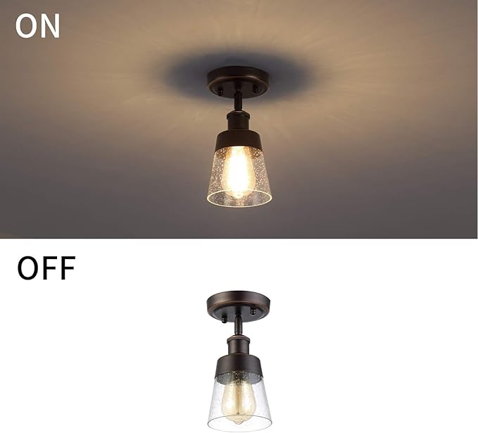 Fivess Lighting Rustic Glass Flush Mount Light Fixture Mini Clear Seeded Glass Shade Semi Flush Mount Ceiling Light for Hallway Farmhouse Kitchen Entryway, Oil Rubbed Bronze