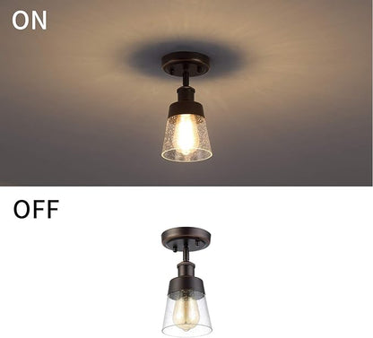 Fivess Lighting Rustic Glass Flush Mount Light Fixture Mini Clear Seeded Glass Shade Semi Flush Mount Ceiling Light for Hallway Farmhouse Kitchen Entryway, Oil Rubbed Bronze