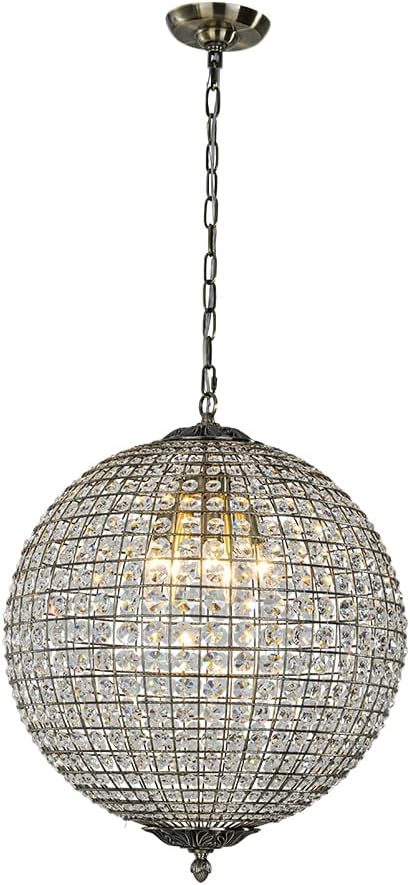 ALOADECOR 5-Light W20 in Vintage Crystal Sphere Chandelier in Antique Gold Modern Glam Globle Cage-Style Shade Pendant Light for Dining Room Living Room
