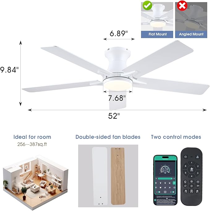 52" White Low Profile Ceiling Fans with Lights,Modern Flush Mount Ceiling Fans with Reversible DC Motor,Dimmable 3 Colors 6 Speeds