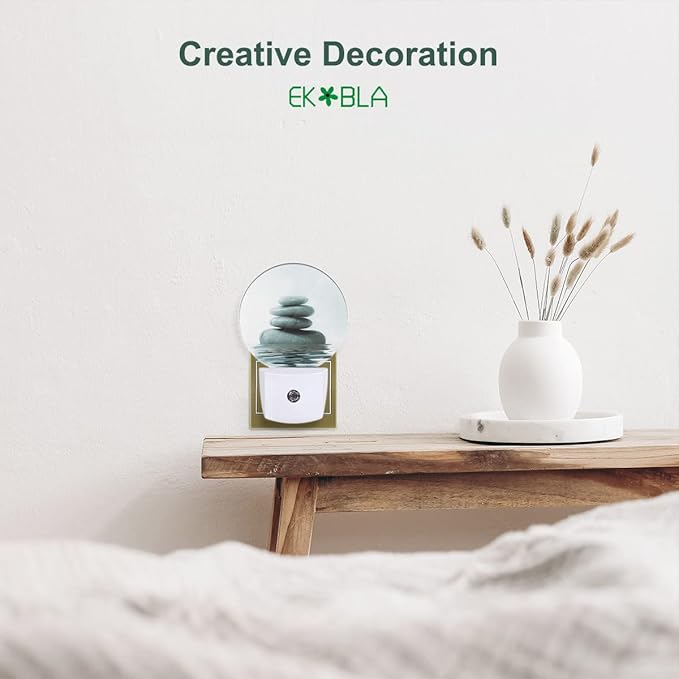 EKOBLA Zen Stone Plug-in LED Night Light, Oriental Spa Style, Dusk to Dawn Sensor, Warm White Soft Glow, Minimalist Home Decor, Housewarming Gifts for Bathroom Bedroom