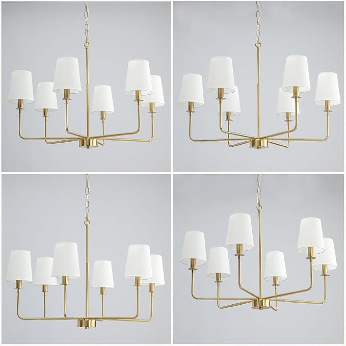 6-Light Classic Chandelier with Brushed Gold Finish & Linen Shades, E12 Base Rustic Ceiling Light Fixture for Kitchen Island, Dining Room, Entryway, Industrial Farmhouse Lighting