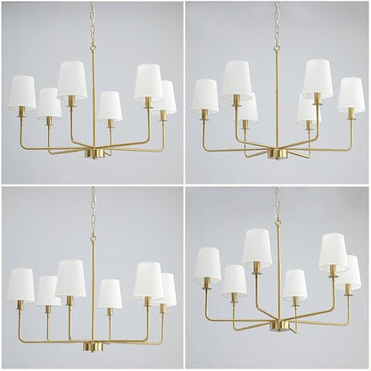 6-Light Classic Chandelier with Brushed Gold Finish & Linen Shades, E12 Base Rustic Ceiling Light Fixture for Kitchen Island, Dining Room, Entryway, Industrial Farmhouse Lighting