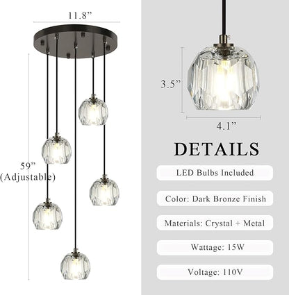 Modern Black Hanging Lights, Round LED Crystal Pendant Lights Fixtures, Raindrop Farmhouse Chandeliers for Dining Room Kitchen Island Living Room