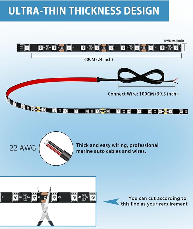 12V Led Light Strip 24" Connectable White Led Strip Lights for Cars Golf Cart Motorcycle Boat Trucks Waterproof Interior& Exterior, 4Pack