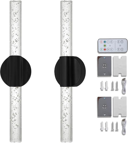 Battery Operated Wall Sconce Set of 2, Black Rechargeable Wall Light with Remote Control, 3000K-6500K Dimmable Wireless Wall Lamp for Bedroom Living Room Bathroom Hallway