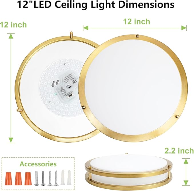 Flush Mount Ceiling Light - 2 Pack 36W 3000K/3500K/4000K/5000K/6000K Dimmable Led Ceiling Light Fixture for Kitchen Hallway Bedroom Bathroom (2, Brushed Gold, 12 Inch)