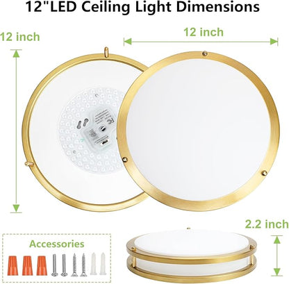 Flush Mount Ceiling Light - 2 Pack 36W 3000K/3500K/4000K/5000K/6000K Dimmable Led Ceiling Light Fixture for Kitchen Hallway Bedroom Bathroom (2, Brushed Gold, 12 Inch)