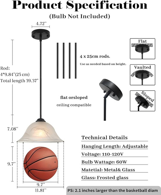 Kitchen Pendant Lights Over Island, 11.8 Inch Frosted Glass Pendant Lights with Rod, Alabaster Glass Kitchen Pendant 1-Pack, Black Farmhouse Hanging Pendant Light for Kitchen, Bar, Cafe