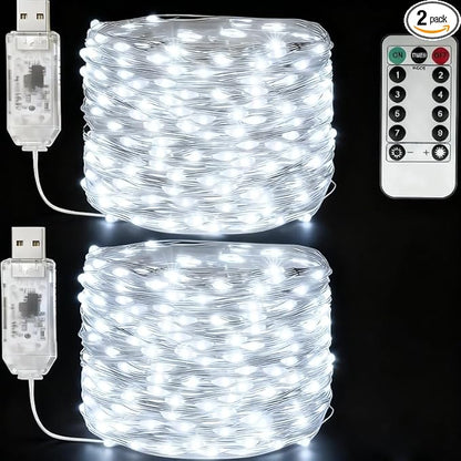 USB Fairy Lights Plug in, 33 Feet 100 LED Twinkle String Lights with Remote and Timer, Waterproof 8 Modes for Bedroom Indoor Wreath DIY Party Wedding Christmas Holiday Decoration(2 Pack White)