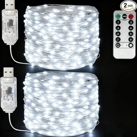 USB Fairy Lights Plug in, 33 Feet 100 LED Twinkle String Lights with Remote and Timer, Waterproof 8 Modes for Bedroom Indoor Wreath DIY Party Wedding Christmas Holiday Decoration(2 Pack White)