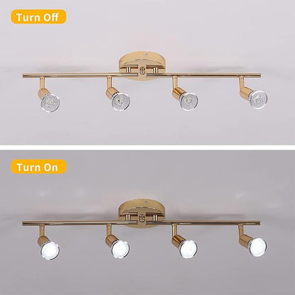 Qcyuui Modern 4-Light Track Lighting Kit, Flush Mount Gold Finish Ceiling Spot Lights Fixture, LED Track Light with Gold Flexibly Rotatable Light Head for Kitchen, Living Room, 4GU10 Bulb (Included)