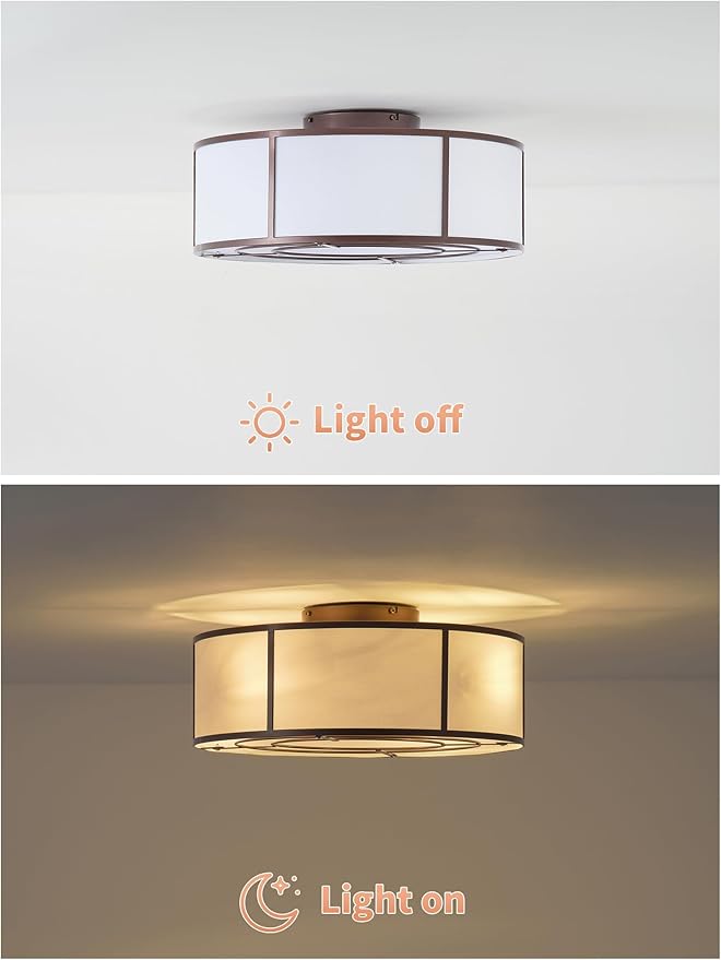 Low Profile Ceiling Fans with Lights, 20" Flush Mount Ceiling Fan with Light, Brown and White Boho Bladeless with 6 Speeds Remote Control for Bedroom, Nursery, Living Room